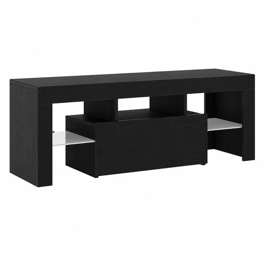 Meuble TV, en chêne, avec rangement, avec éclairage LED, coloris noir, 120 x 35 x 40 cm, pour le salon