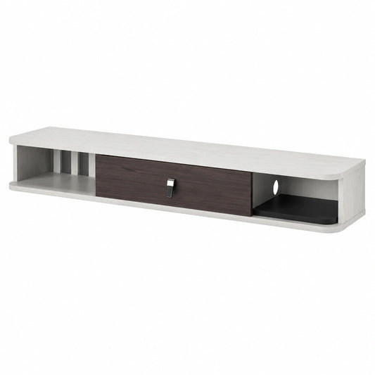 Meuble TV, en panneaux de bois, avec rangement, avec étagères, coloris blanc, pour le salon